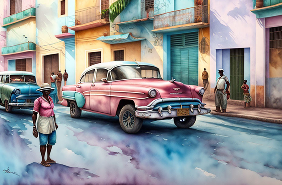 Colorful Colonial Buildings and Classic Cars in Vibrant Street Scene