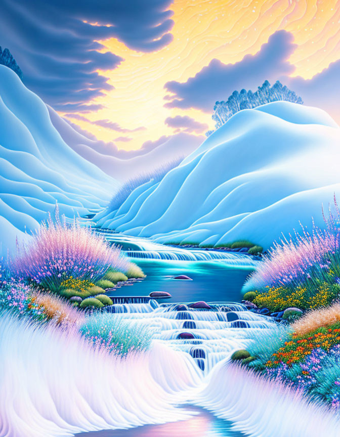 Fantastical landscape with river, waterfalls, peaks, and flowers