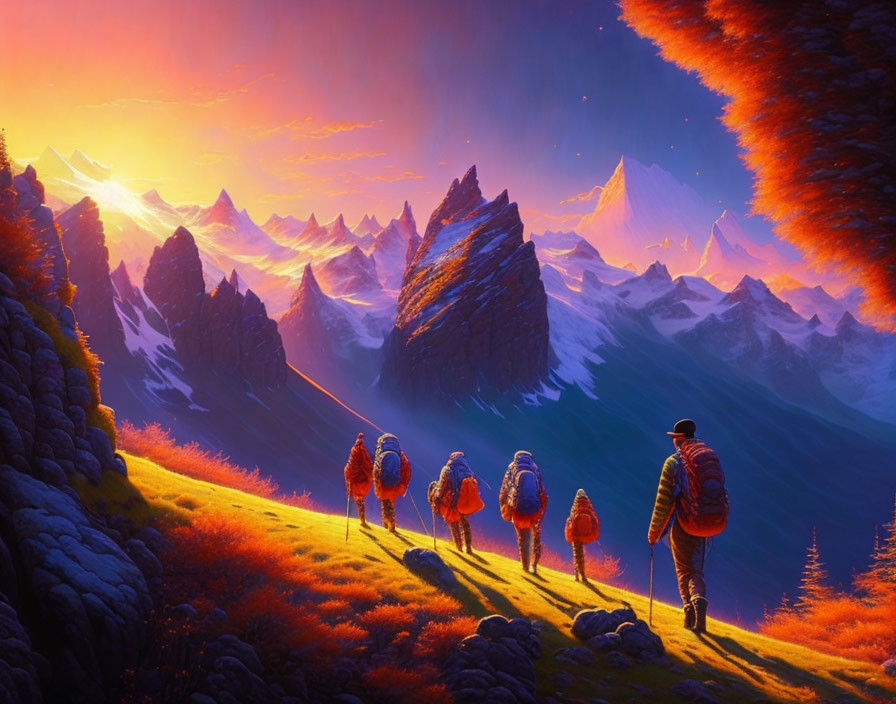 Hikers in Vibrant Landscape with Majestic Mountains