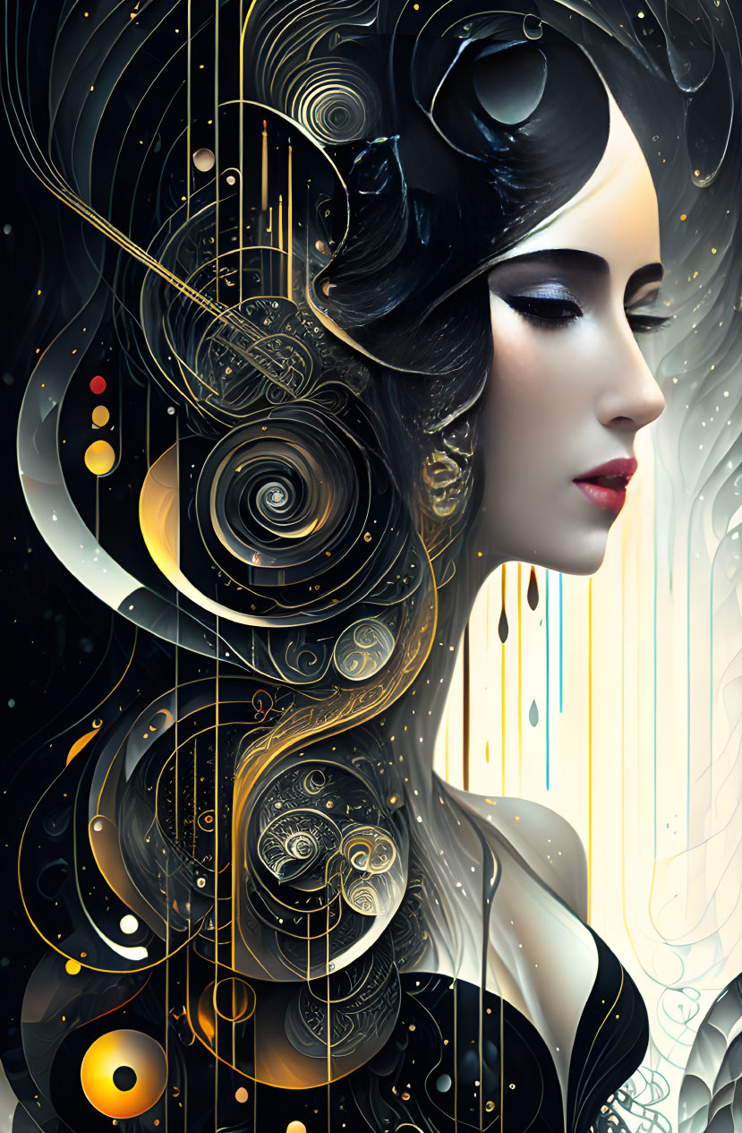 Abstract Woman Portrait with Stylized Hair and Golden Patterns on Cream Background