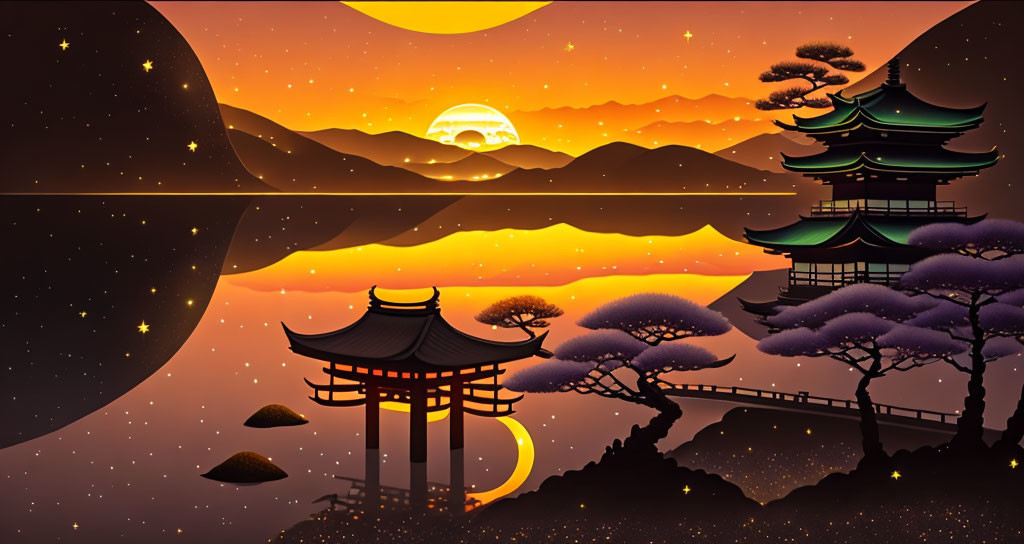 Asian landscape sunset illustration with pagodas, cherry blossoms, torii gate, mountains, lake