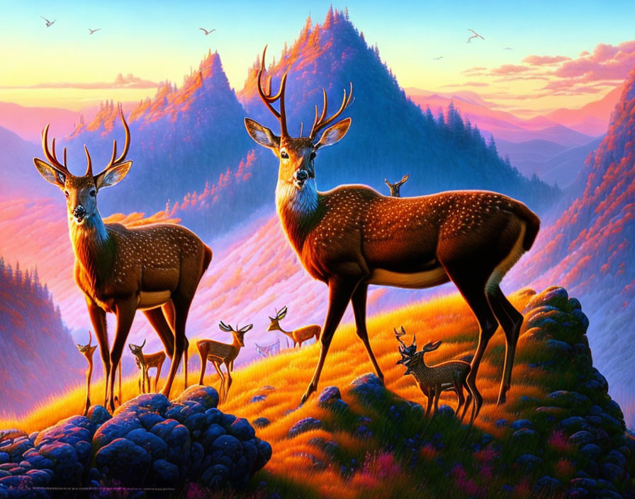 Deer group in vibrant mountain landscape at sunrise or sunset with flying birds