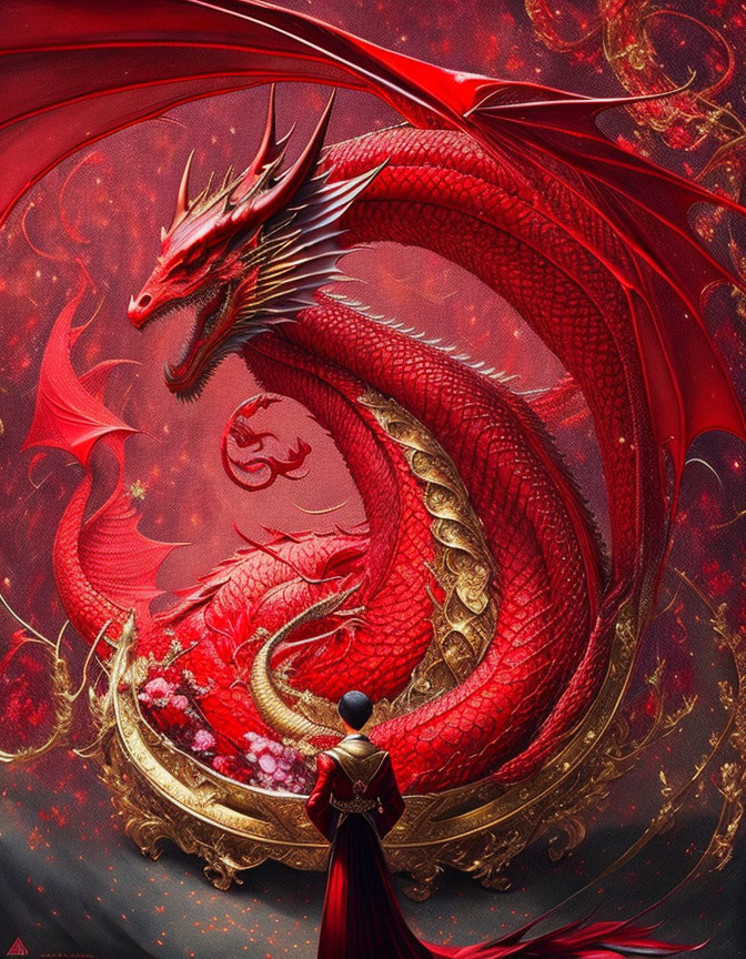 Red Dragon Coiled Around Person in Regal Attire on Ornate Background