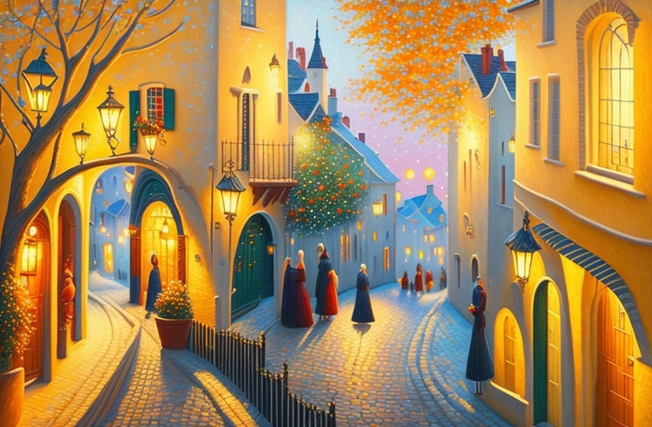 Vibrant festive street painting with period clothes and glowing lamps