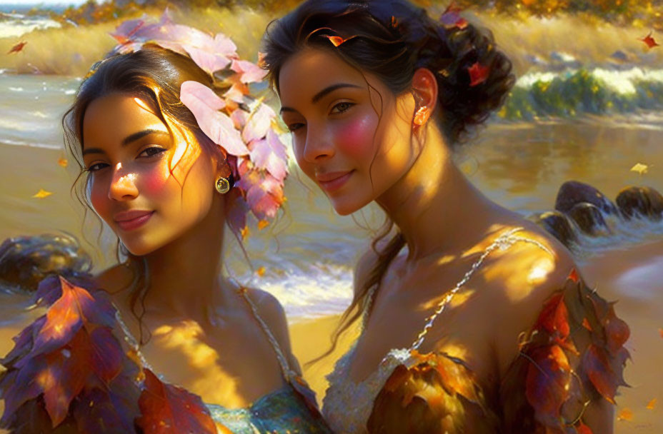 Two women with leaf-adorned hair in mystical river scene