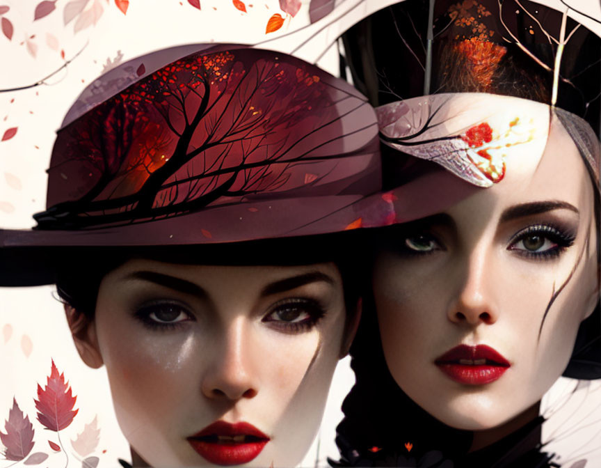 Stylish hats with transparent brim and autumn motifs on two women.