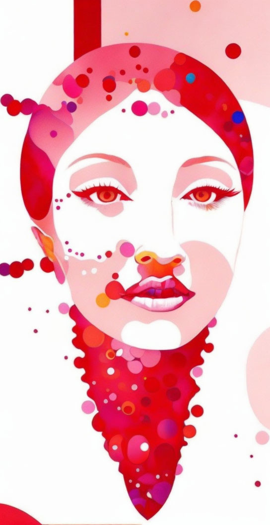 Woman's face artwork in red and white tones with circular patterns