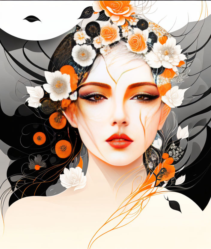 Woman with stylized makeup and floral hair illustration on pale background