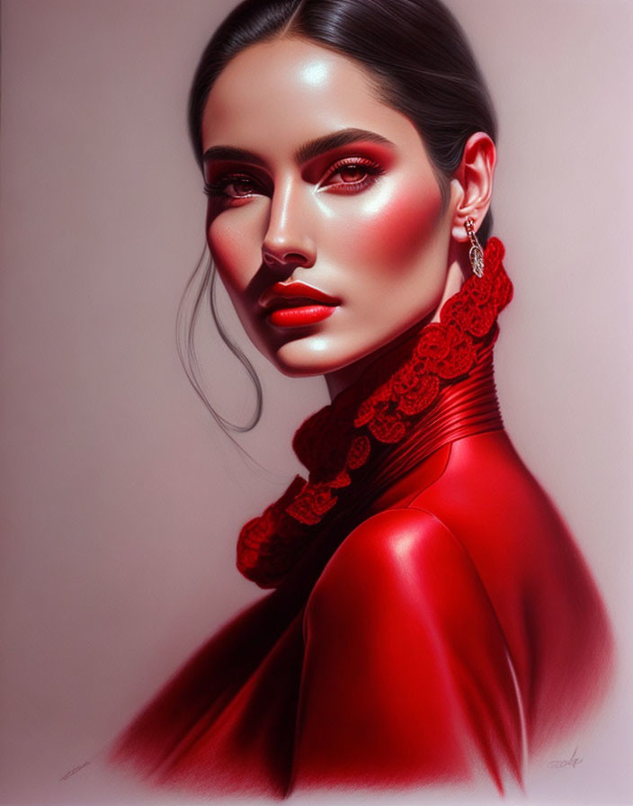 Striking digital portrait of woman in red high-neck outfit