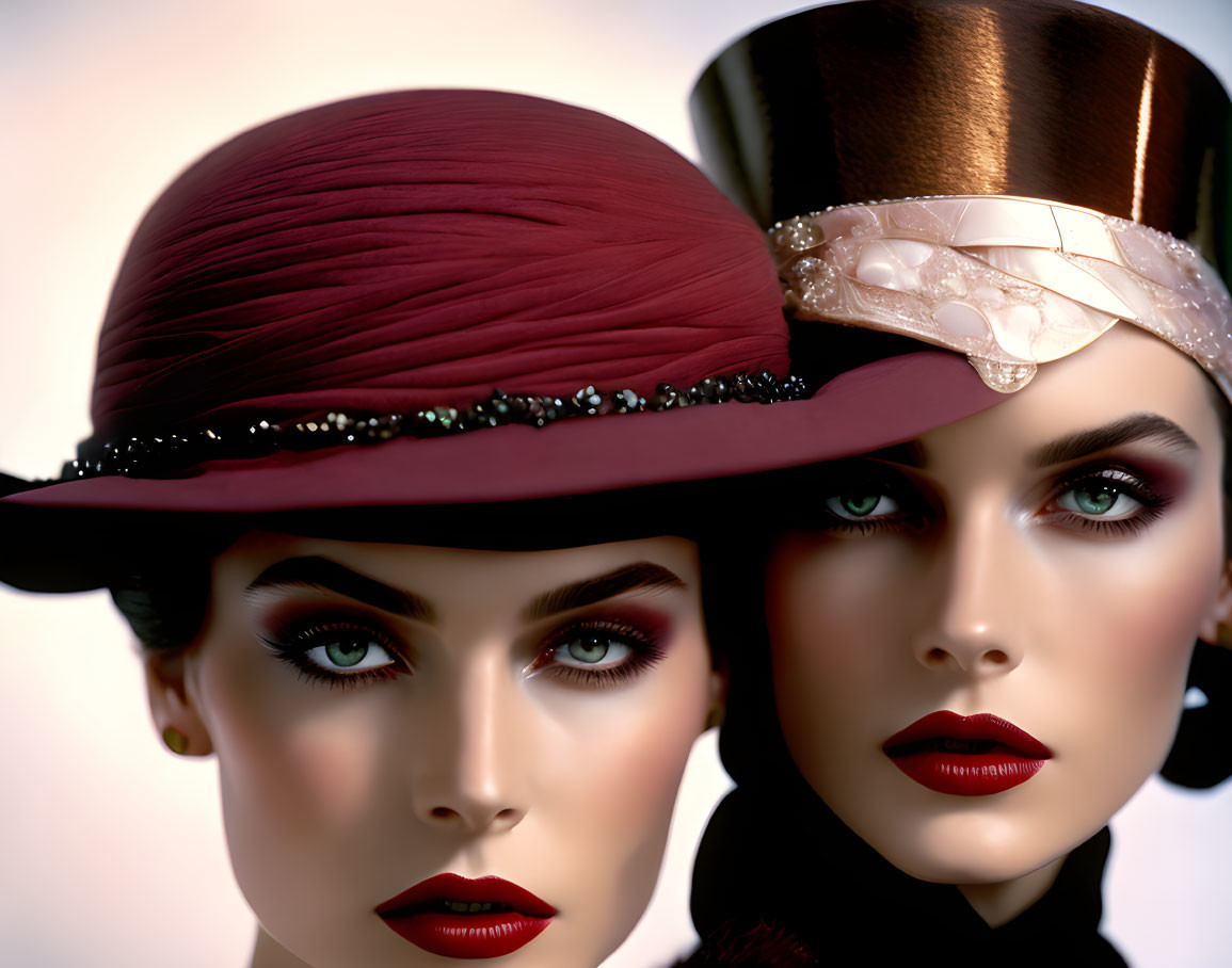 Two women with striking makeup in red fedora and brown top hat.