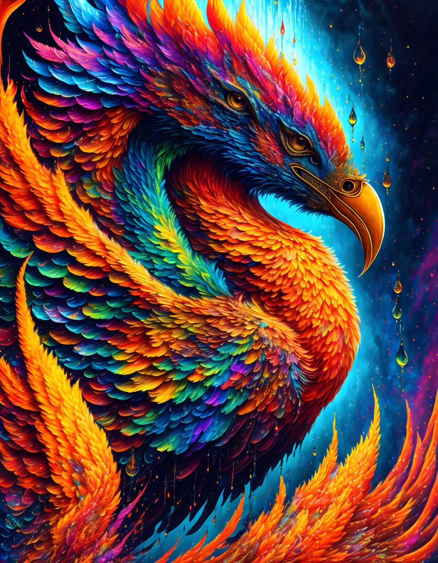 Mythical phoenix artwork with vibrant feathers and golden beak