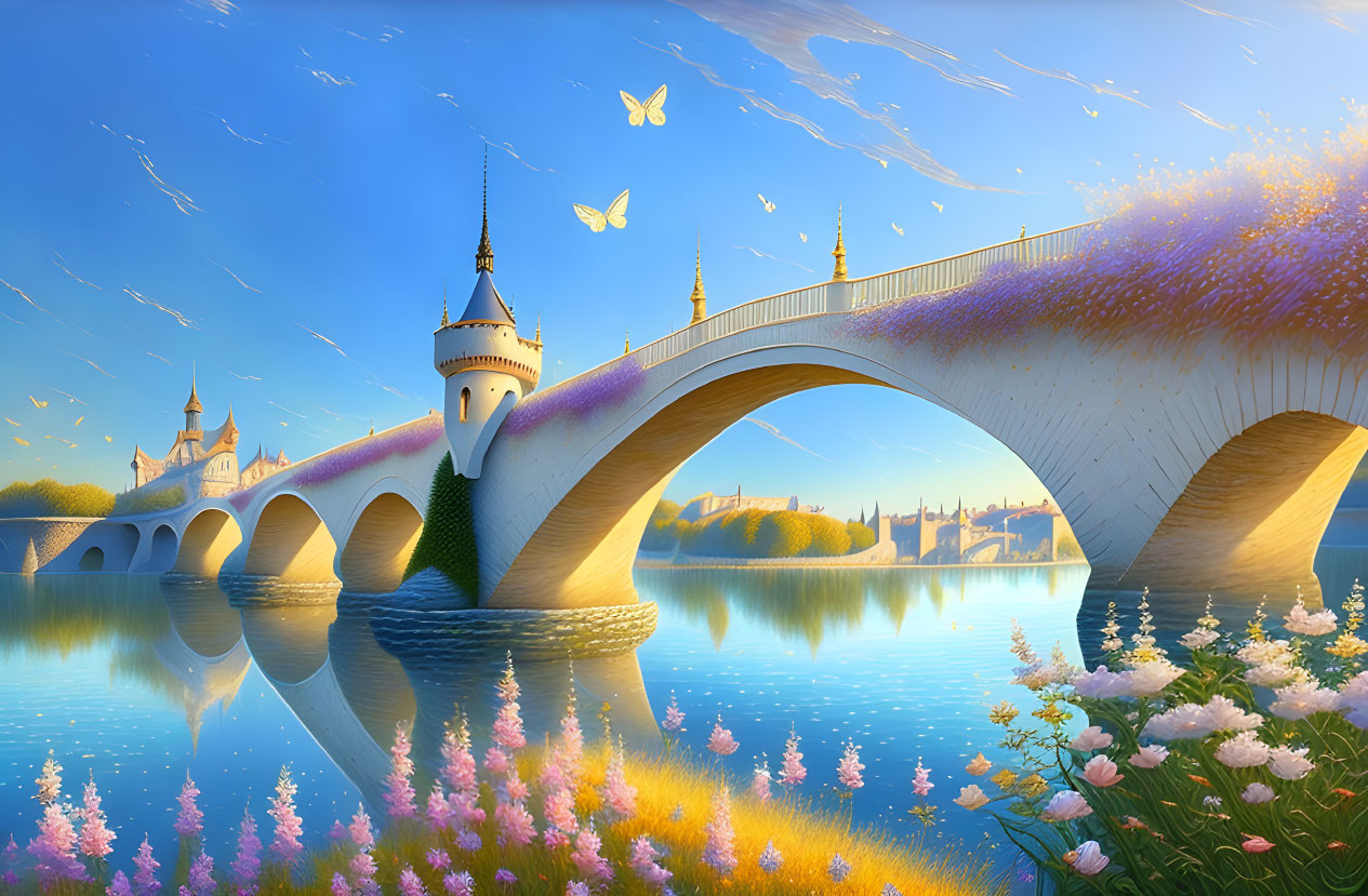 Fantasy bridge with flower decorations over calm river and castle in serene landscape