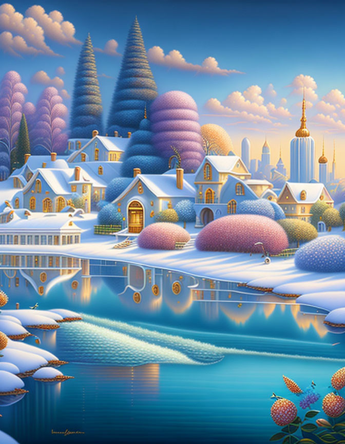 Vibrant village painting with snow-covered cottages and colorful trees