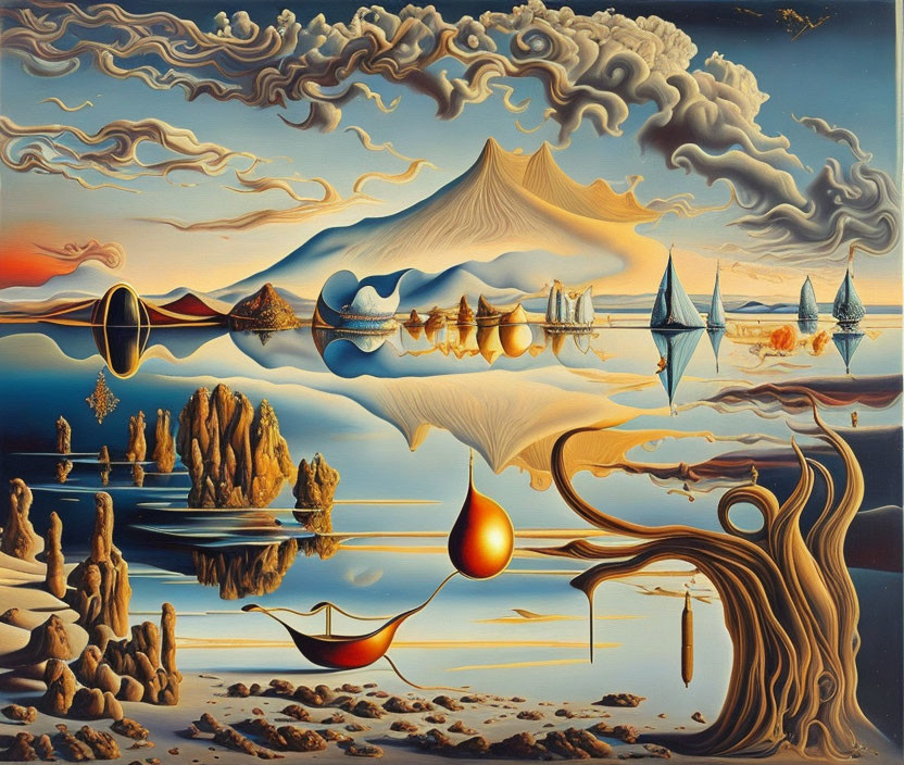 Surreal landscape painting with reflective water, golden tones, melting motifs, boats, and distant volcano