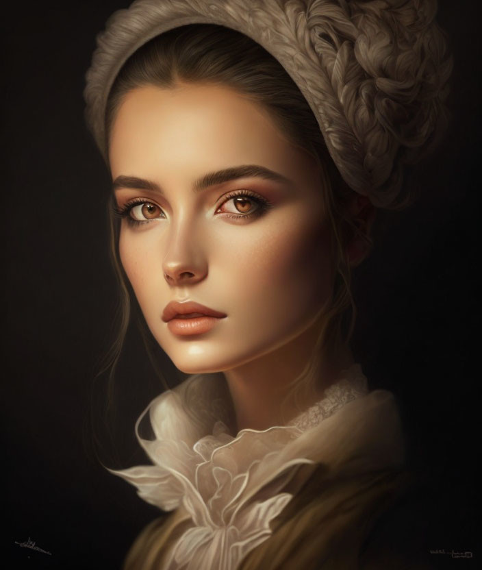 Serene woman portrait with hazel eyes and vintage attire