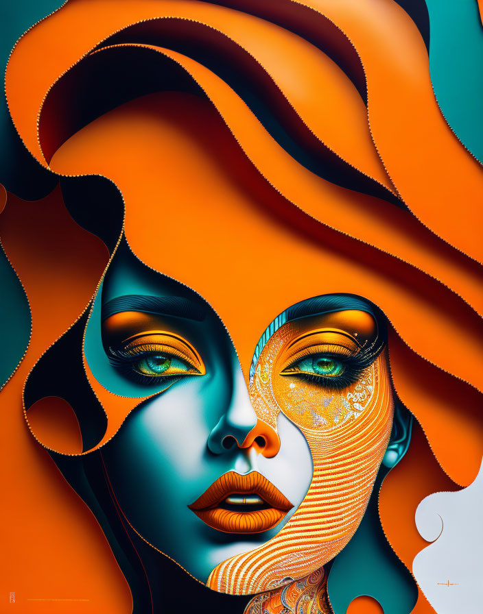 Colorful surreal portrait of female figure with orange hair and blue skin