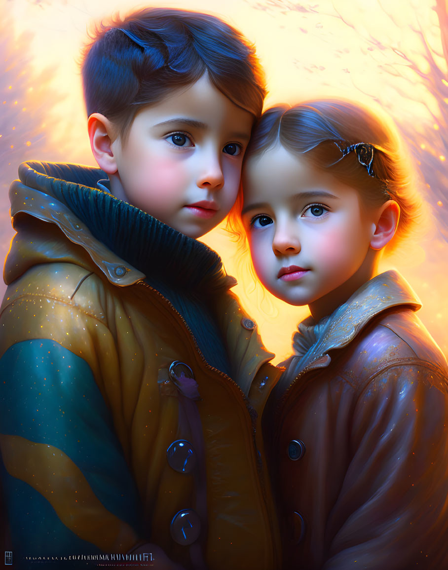 Children in warm coats under autumn leaves, showcasing soft expressions.