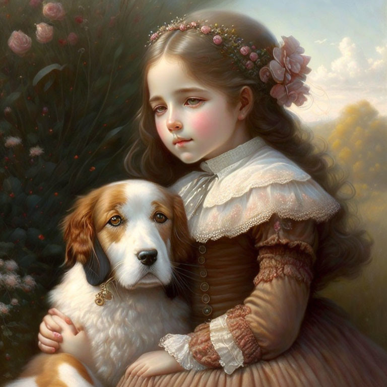 Young girl in vintage dress embraces dog in floral setting.