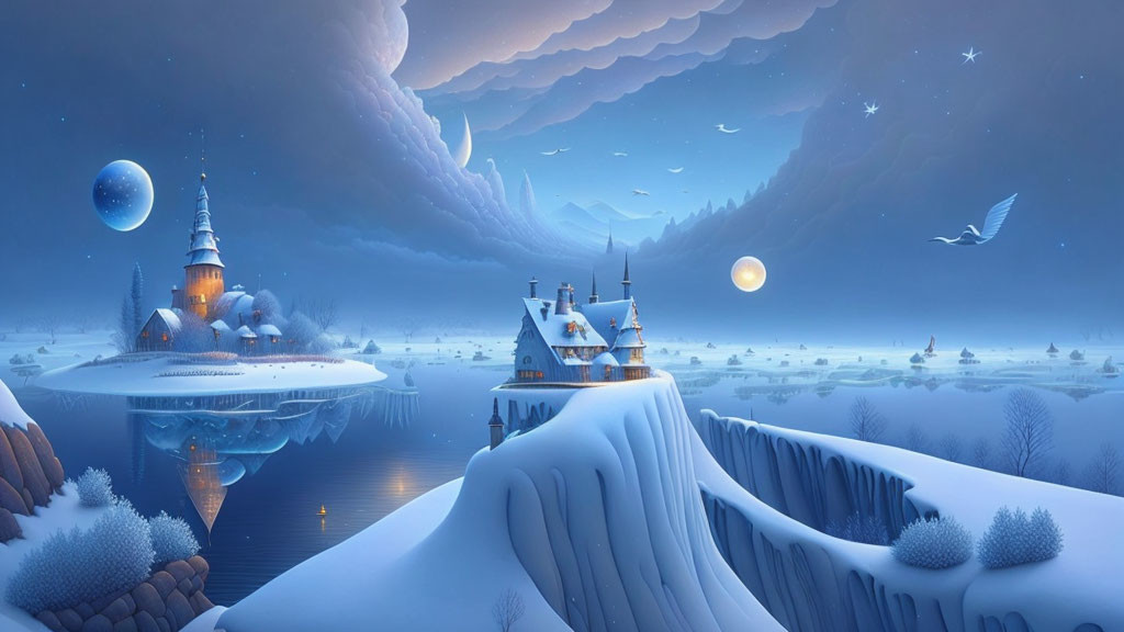 Whimsical winter night landscape with snowy cliffs, calm lake, moons & flying bird