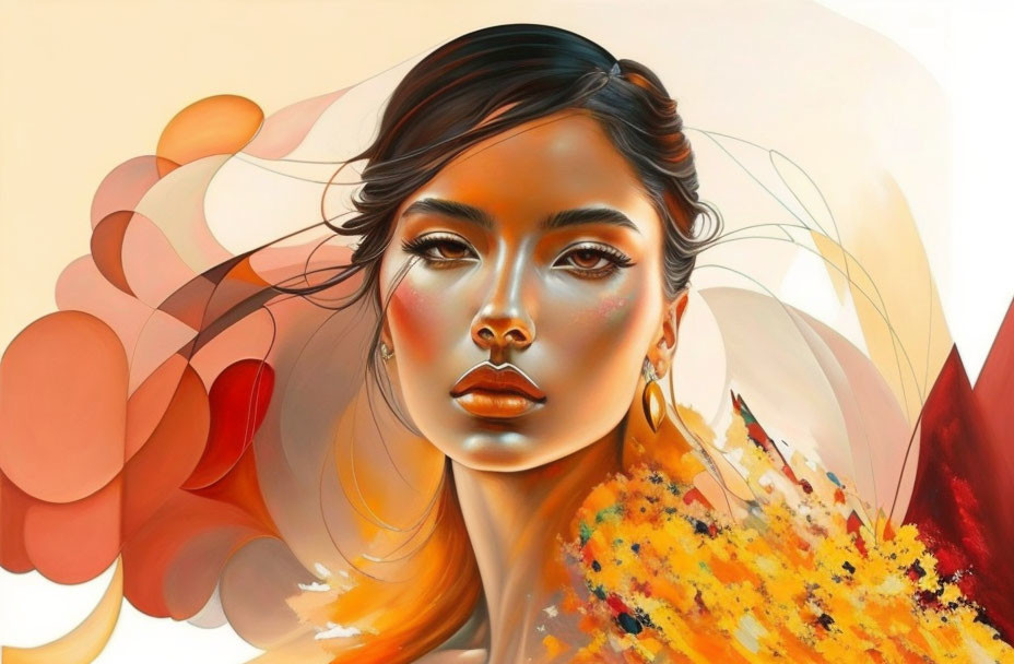 Detailed digital artwork of woman with abstract forms and warm color splashes