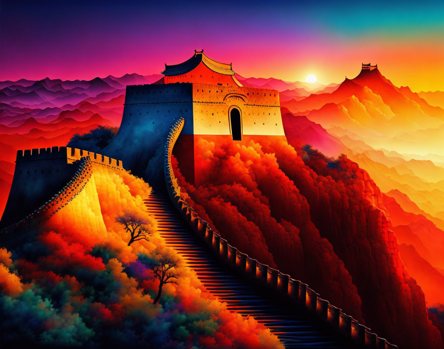 Vibrant sunset over Great Wall of China and mountains