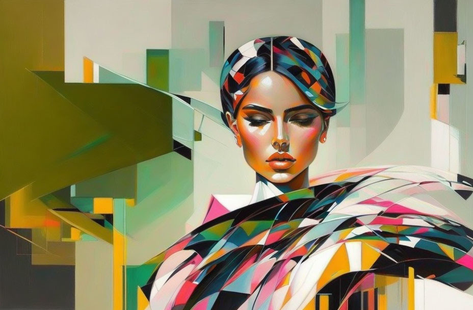 Colorful abstract portrait of woman with geometric patterns on clothing and cubist background