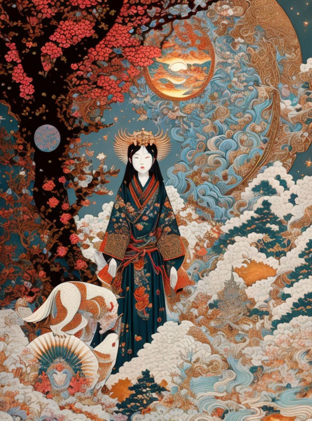 Japanese figure in traditional attire near horse under red tree with waves and celestial bodies.