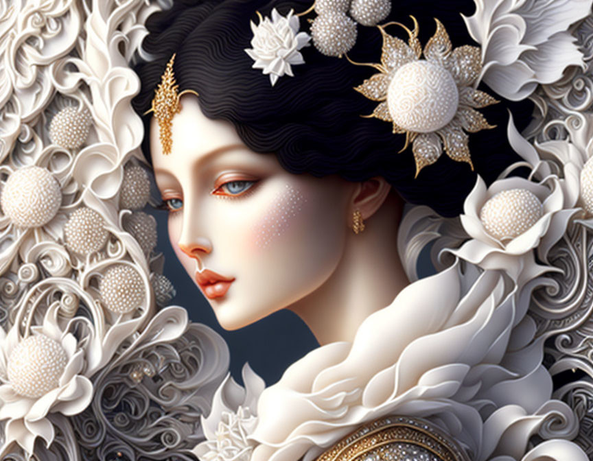 Detailed Illustration of Woman with Pale Skin and Dark Hair in Golden Jewelry and Floral Patterns