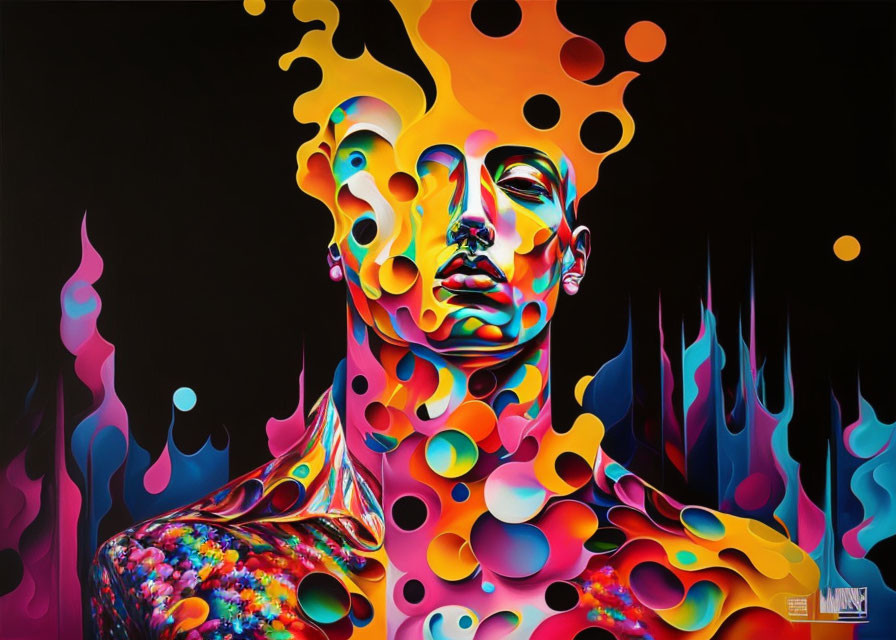 Colorful surreal painting: person with melting features in fluid shapes