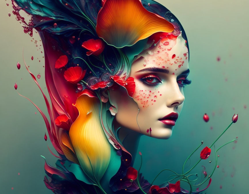 Colorful digital artwork: Woman with flowing hair resembling petals and leaves