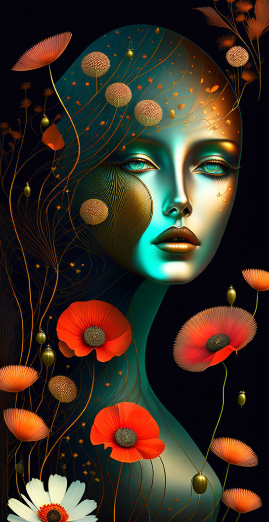 Surreal illustration: Woman with greenish-blue skin, adorned with orange flowers and golden filig