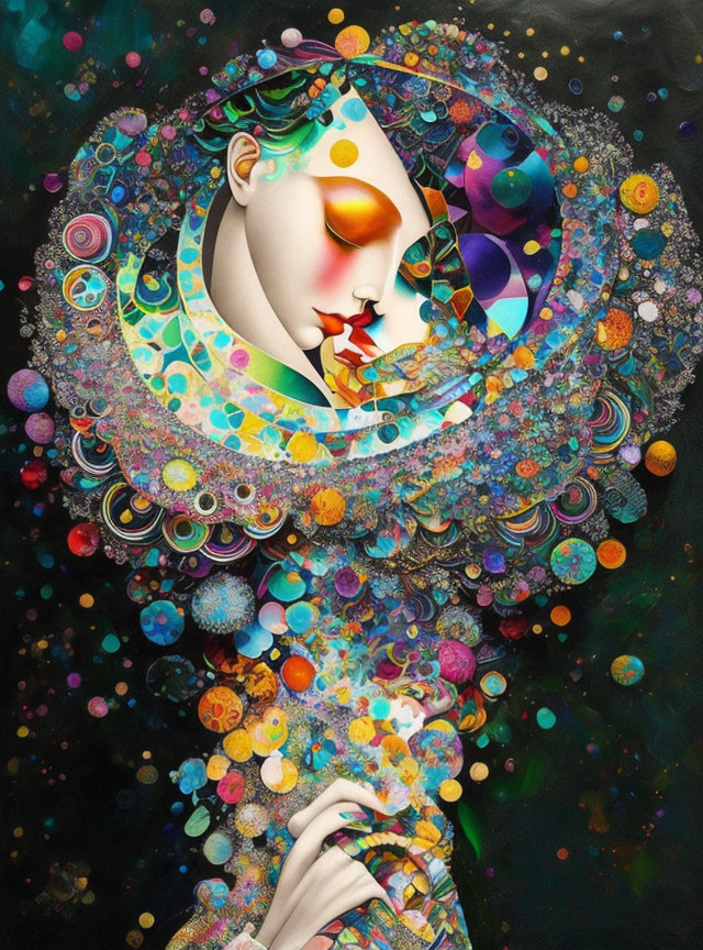 Colorful surreal artwork: woman's face surrounded by circular patterns and reaching hand