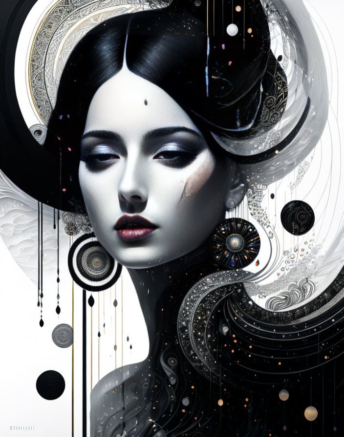 Monochrome surreal portrait with cosmic patterns and celestial motifs