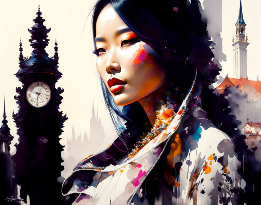 Stylized portrait of an Asian woman with vibrant paint splashes and gothic-baroque backdrop