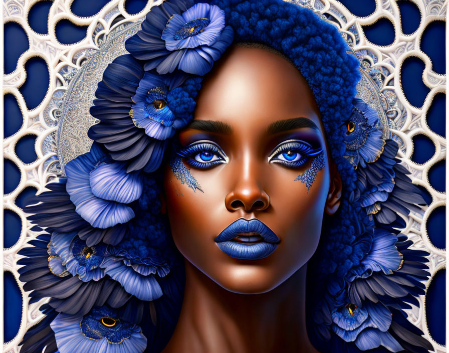 Digital Artwork: Woman with Blue Flowers, Makeup, & White Lace Patterns