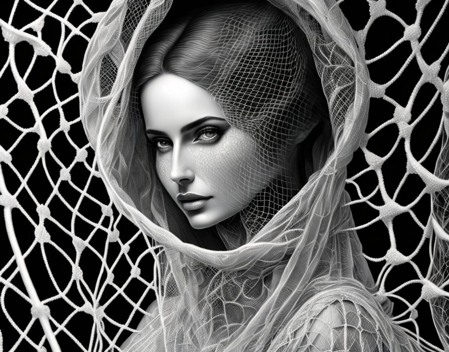 Monochrome portrait of a veiled woman with intricate lace, exuding mystery