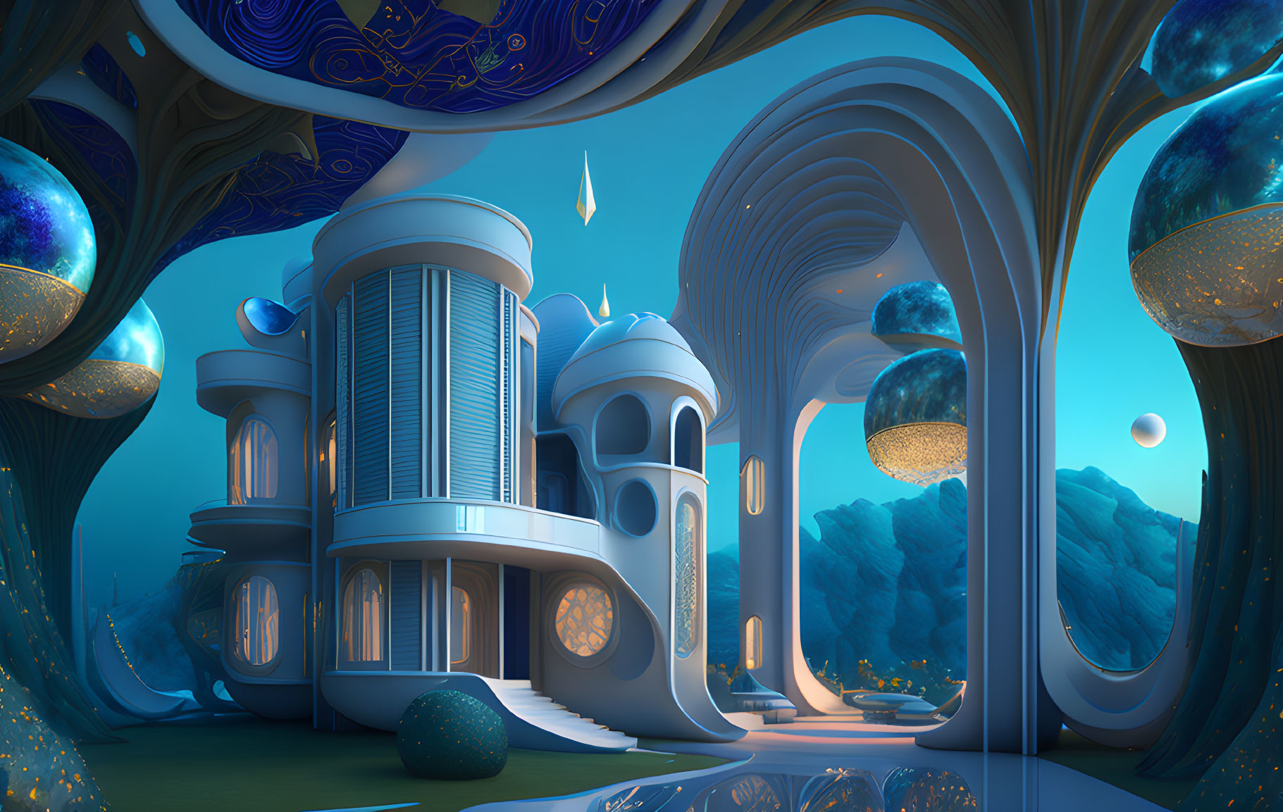 Futuristic building with domes and arches in whimsical blue landscape