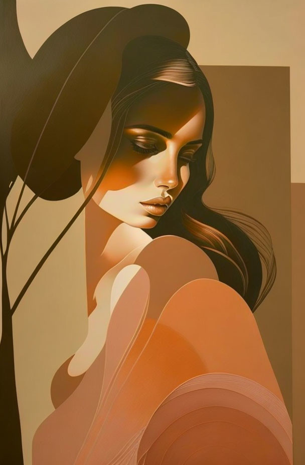 Stylized portrait of a serene woman with flowing hair in warm brown and tan hues