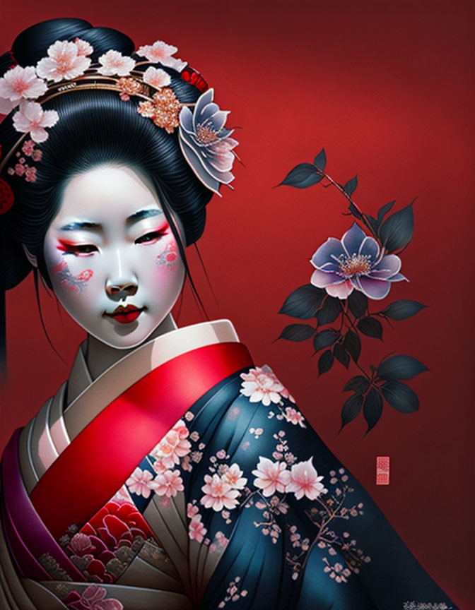 Geisha illustration with intricate hairstyle, floral kimono, and red backdrop.