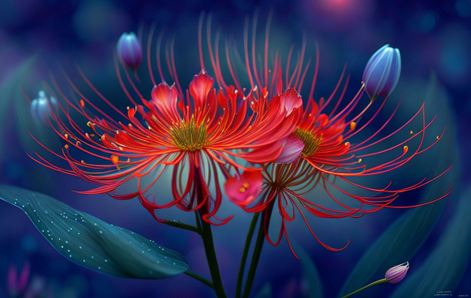 Vibrant red flowers with spider-like stamens on blue foliage and dewdrops.