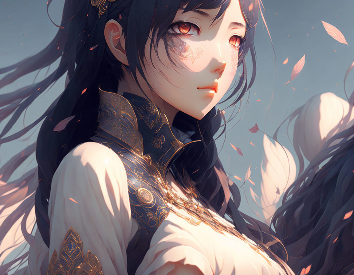 Illustrated female character in black and gold outfit with flowing hair and red leaves.