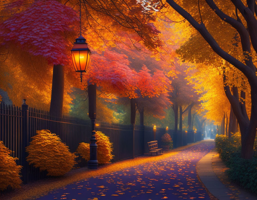 Tranquil autumn evening with lamp-lit pathway and vibrant trees