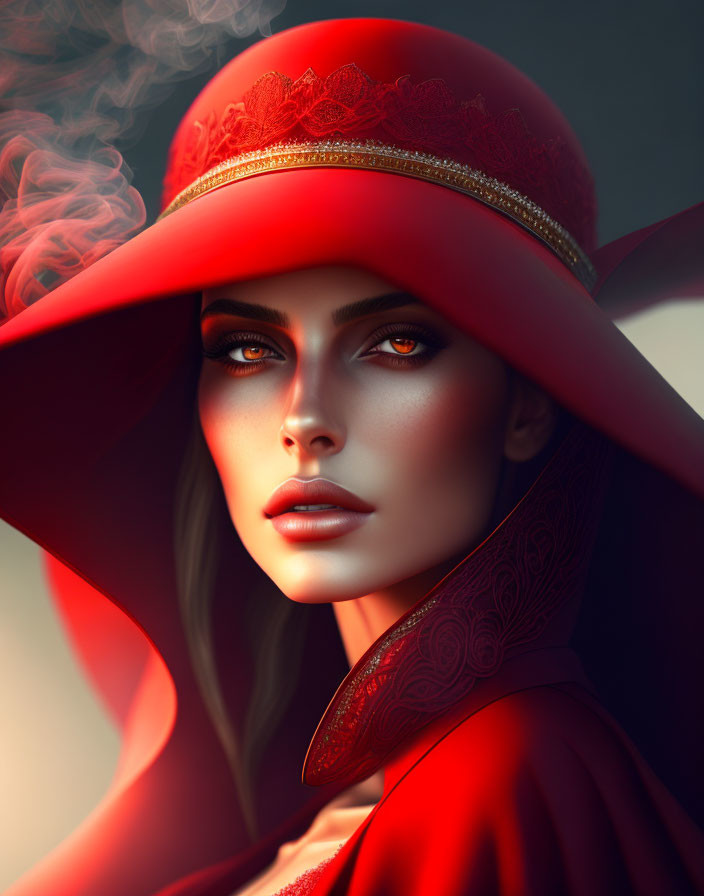 Digital Artwork: Woman with Striking Eyes and Red Hat in Gold Accents