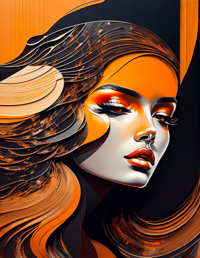 Stylized woman's side profile with flowing hair and makeup in warm, orange tones