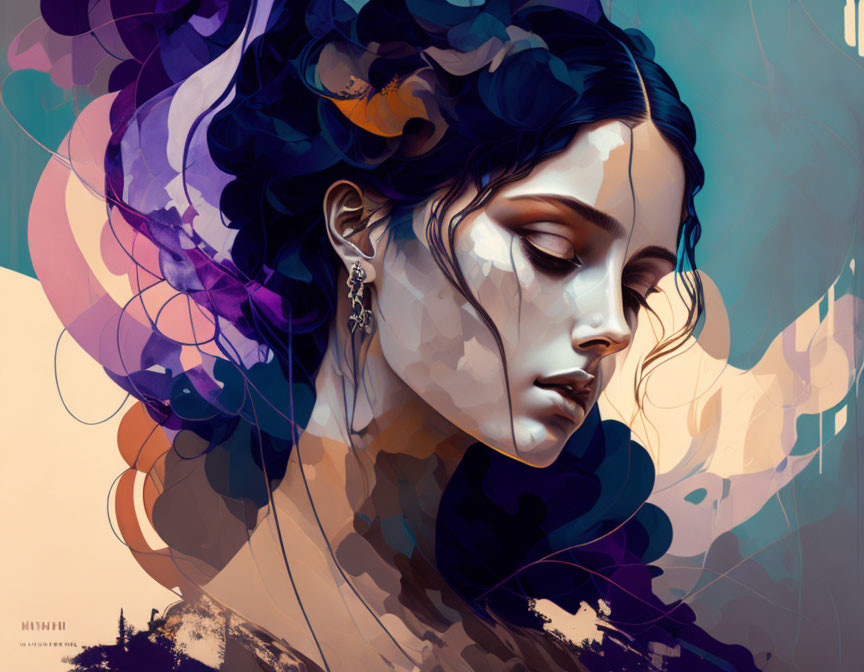 Colorful flowing hair merges with abstract shapes in artistic illustration