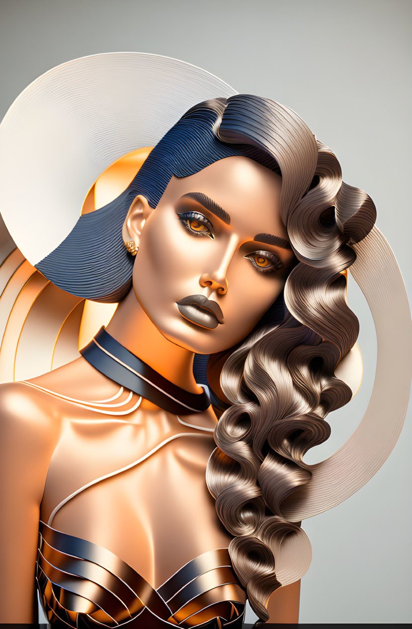 Stylized woman with wavy hair and metallic fashion elements