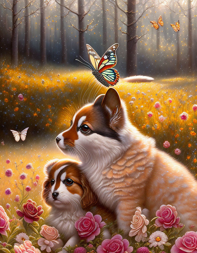 Stylized fantasy puppies in pink flower forest with butterflies