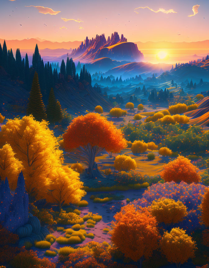 Colorful sunset digital artwork with fantastical landscape and mountain