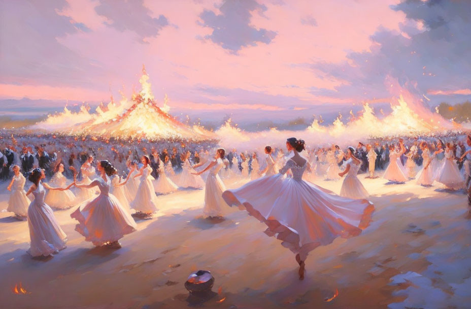 Multiple Couples Dancing in Elegant White Gowns and Suits under Warm Lighting