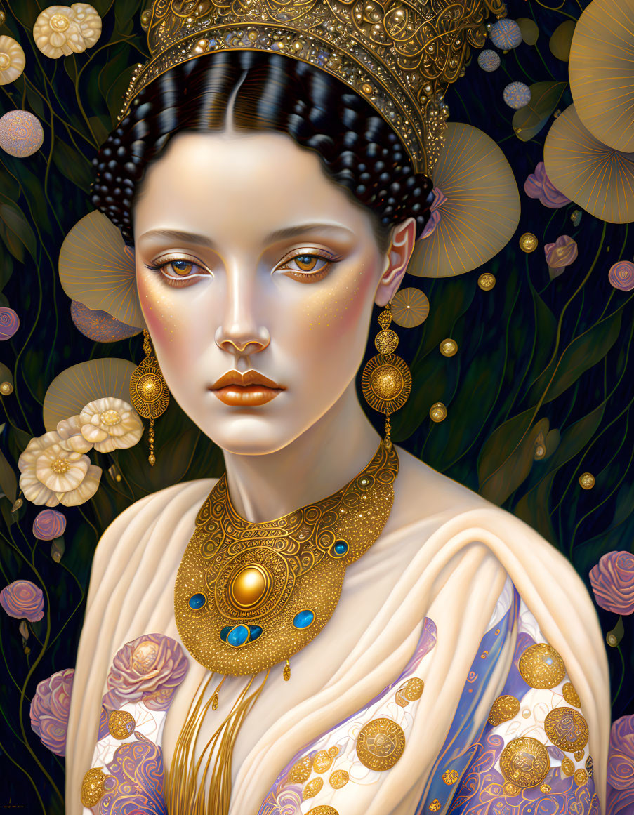 Regal woman portrait with golden jewelry and detailed headdress